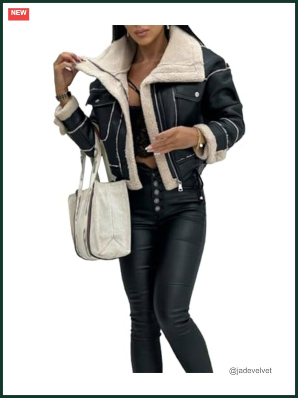 Faux Leather Moto Bomber Jacket Sherpa-Lined Cropped Aviator Coat